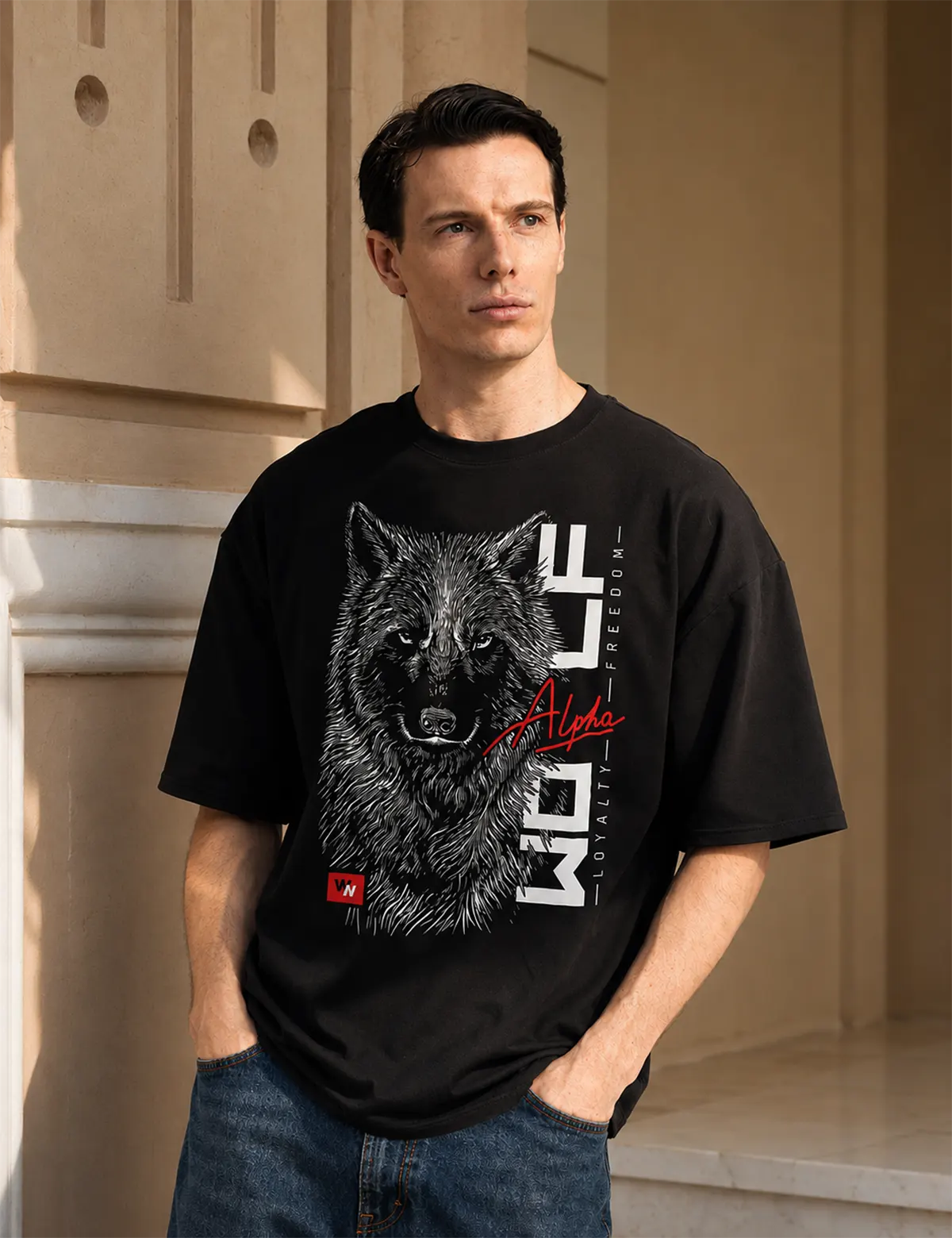"Wolf Alpha" Футболка мужская черная оверсайз