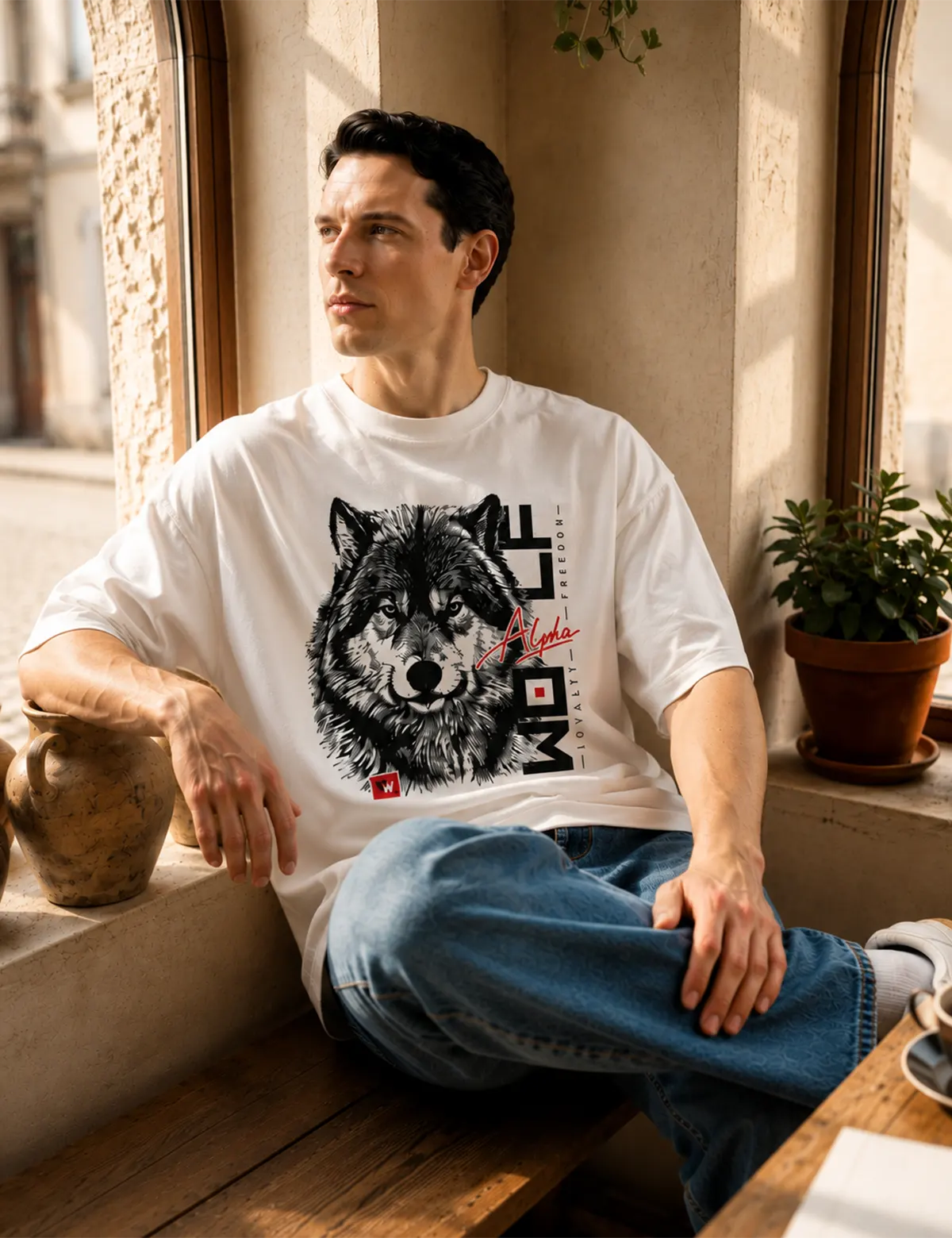 "Wolf Alpha" Футболка мужская белая оверсайз