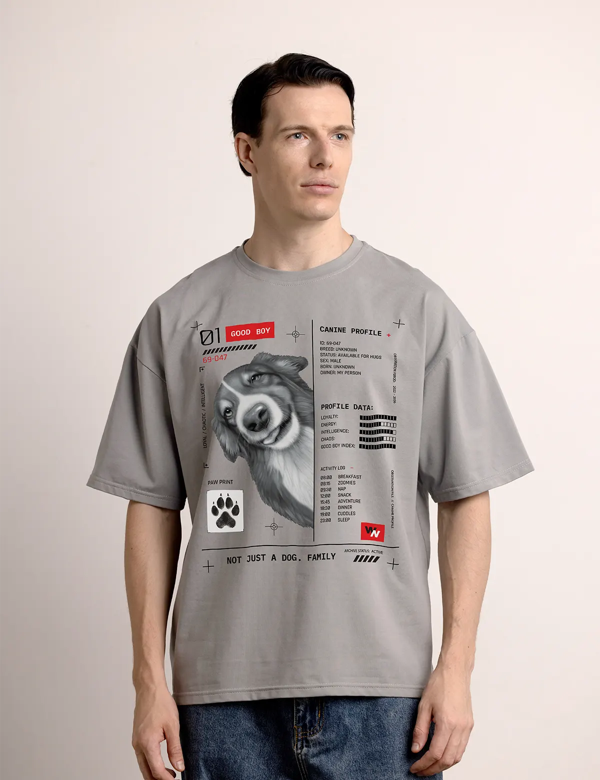"Good boy. Front design" Футболка мужская серая оверсайз. 