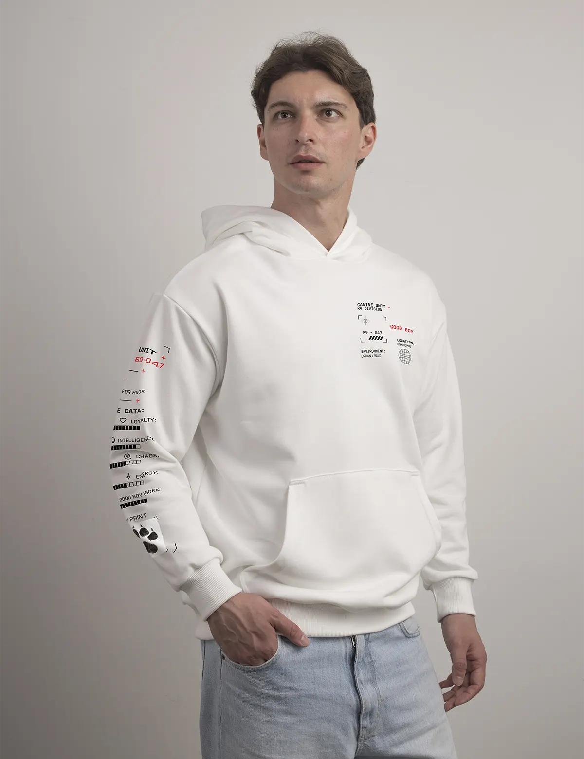 "Good boy. Front design" Худи мужское белое оверсайз. 