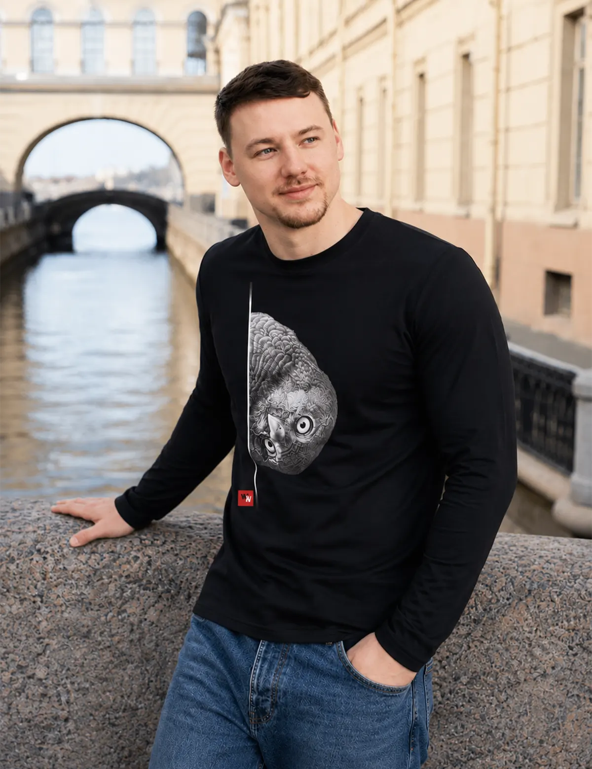 "Любопытная сова" Лонгслив мужской черный классический 